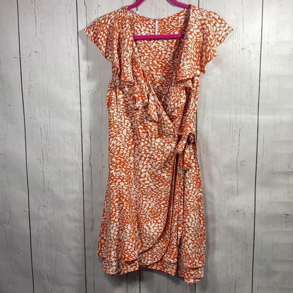 FreeโPeople Orange Ruffle Wrap Dress Size L Boho Resort Feminine Festival Boho
